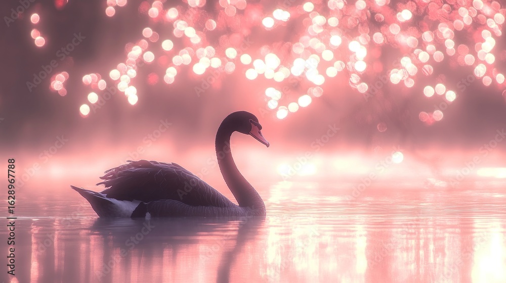 Fototapeta premium Silhouetted black swan on pink bokeh lake