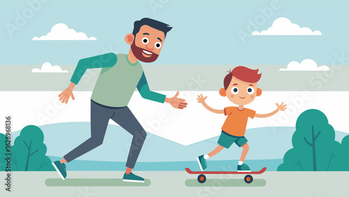 A father and son playfully racing each other on their skateboards in a deserted parking lot smiles of joy on both of their faces.. Vector illustration