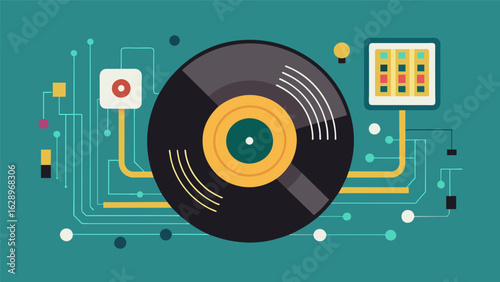 A limited edition vinyl featuring embedded microchips that unlock exclusive content when connected to a smart device. Vector illustration