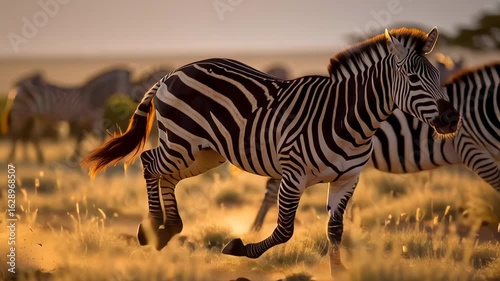 Zebra running energetically on dry grassland savanna with warm golden sunlight, stripes visible in nature wildlife scene, blurred background wildlife
