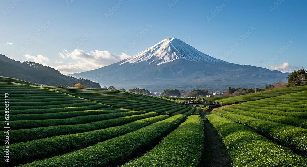 Obraz premium Stunning view of Mount Fuji and vibrant green tea fields under a clear sky in Japan.