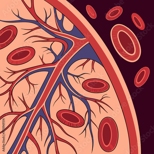 Detailed Illustration of Blood Vessels and Red Blood Cells
