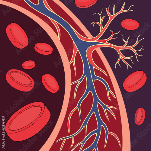 Detailed Illustration of Blood Vessels and Red Blood Cells