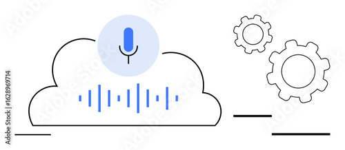 Microphone icon over a cloud emitting sound wave indications, flanked by gear icons symbolizing process automation and cloud computing. Ideal for AI concepts, automation, data processing, cloud