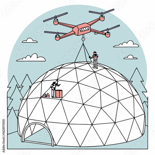 Drone Delivering Package to Geodesic Dome Under Construction
