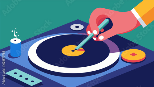 A closeup shot of a skilled workshop attendee using a delicate stylus to remove dust particles from the grooves of a record ensuring a highquality Vector illustration