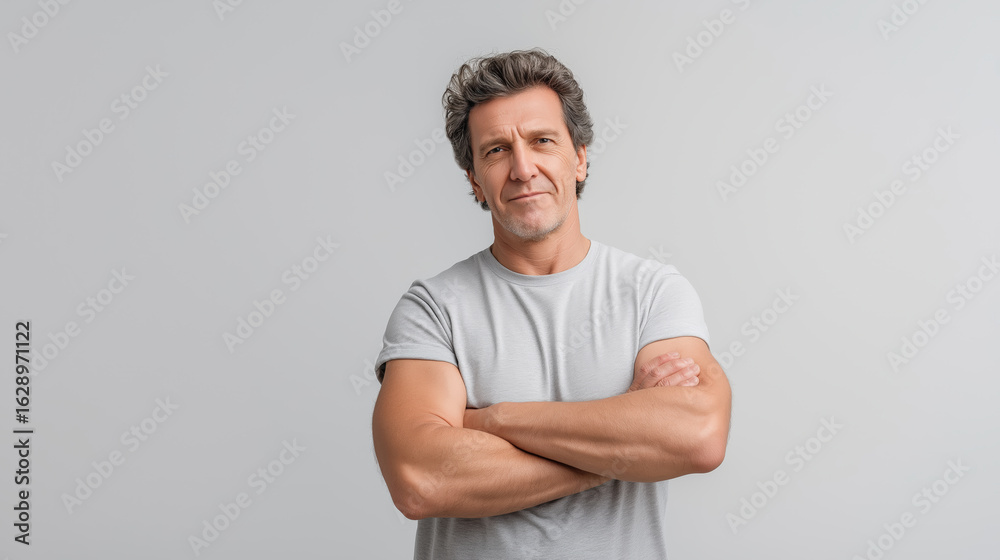 Fototapeta premium Confident Mature Man with Crossed Arms in Casual T-Shirt Against Plain Background for Professional and Lifestyle Use
