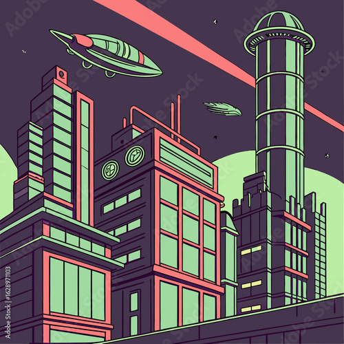 Futuristic City Night Scene with Spaceships