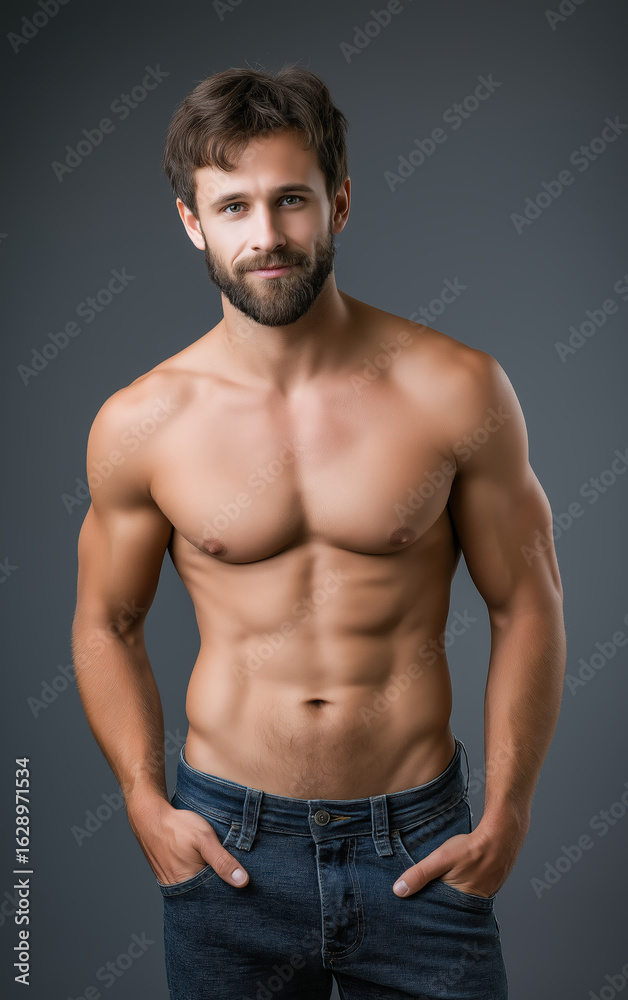 Stylish Shirtless Man with Well-Groomed Beard and Confident Expression for Fitness, Lifestyle, and Fashion Campaigns Stylish Shirtless Man with Well-Groomed Beard and Confident Expression for Fitness, Lifestyle, and Fashion Campaigns