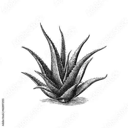 Engraving style illustration of aloe vera plant with pointed leaves in black and white on transparent background – Botanical vector for skincare packaging, herbal medicine guides, and organic branding