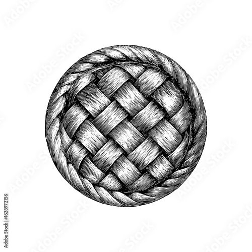Engraving style illustration of round pie with braided crust in black and white on transparent background – Food vector for baking guides, recipe books, and culinary packaging design