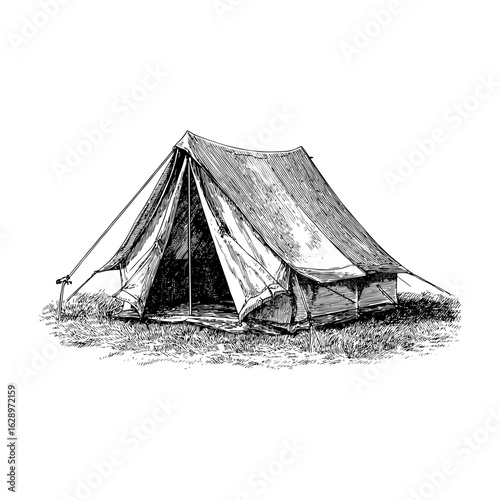 Engraving style illustration of camping tent with ropes and stakes in black and white on transparent background – Outdoor vector for adventure magazines, camping guides, and wilderness product brandin
