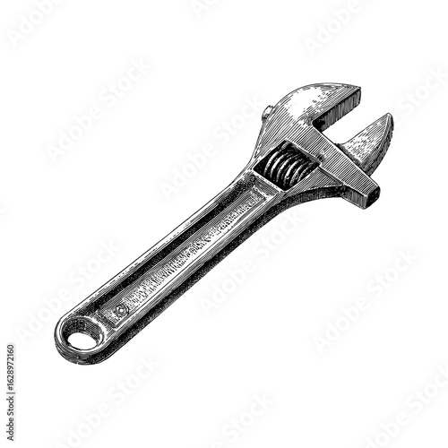 Engraving style illustration of adjustable wrench in black and white on transparent background – Tool vector for mechanic manuals, industrial catalogs, and hardware branding
