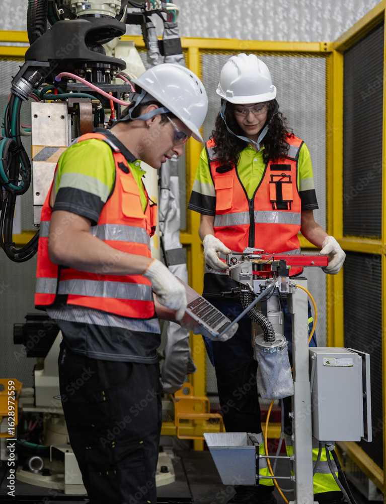 Fototapeta premium Smart Latino engineer working on AI technology in robotics electronics engineering laboratory. Hispanic students' research project is programming robot machine with intelligent mechanical control
