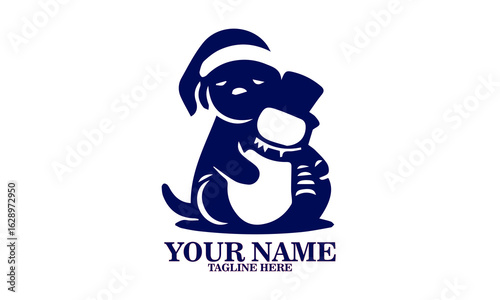 illustration golden retriever dog wearing a santa hat hugs a huge snowman, illustration vector golden retriever dog and santa hat hugs a huge snowman and logo design