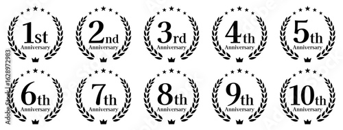 周年記念、アニバーサリーのロゴベクターイラストセット 1周年 2周年 3周年 4周年 5周年 6周年 7周年 8周年 9周年 10周年