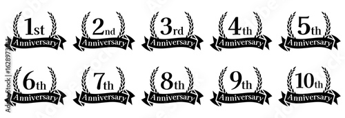 周年記念、アニバーサリーのロゴベクターイラストセット 1周年 2周年 3周年 4周年 5周年 6周年 7周年 8周年 9周年 10周年