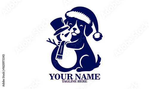 illustration golden retriever dog wearing a santa hat hugs a huge snowman, illustration vector golden retriever dog and santa hat hugs a huge snowman and logo design