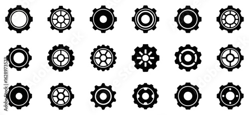A collection of various cogwheel designs arranged in a grid, showcasing mechanical elements.