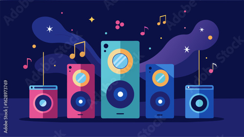 A playlist full of undiscovered songs fills the speakers providing the perfect soundtrack for a night of musical exploration. Vector illustration