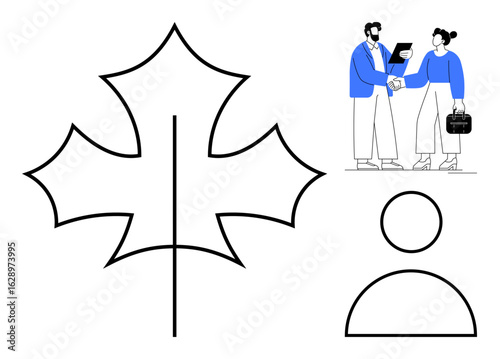 Maple leaf outline, business professionals shaking hands discussing work, user icon. Ideal for business, teamwork, networking, environment, personal identity cooperation simplicity. Clean flat