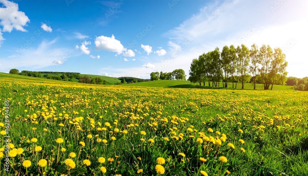 Fototapeta premium Lush meadow with dandelions under a vibrant sky