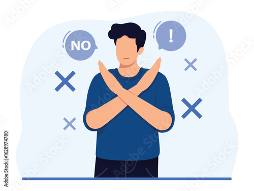 A man expressing rejection. People who make x-hand gestures, hold pickets that say no, and frown. Refuse gesture, negative expression. Vector illustration.