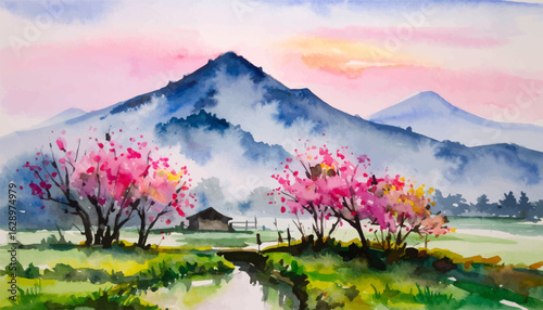 Peaceful view of mountains and colorful blossom. Tranquil spring landscape with mist and flowers. Blooming trees with mountains and misty background. Soft pastel watercolor of cherry blossoms in bloom
