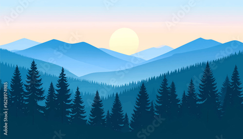 Peaceful mountain sunset landscape with pine trees. Scenic forest valley with sunset over the mountains. Beautiful sunset over a misty mountain range. Mountain sunrise with dark pine forest silhouette