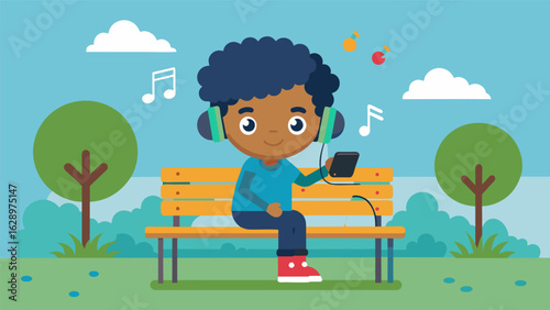 A child sitting on a park bench headphones on swaying to the music while drawing characters inspired by the songs playing on a small portable record Vector illustration