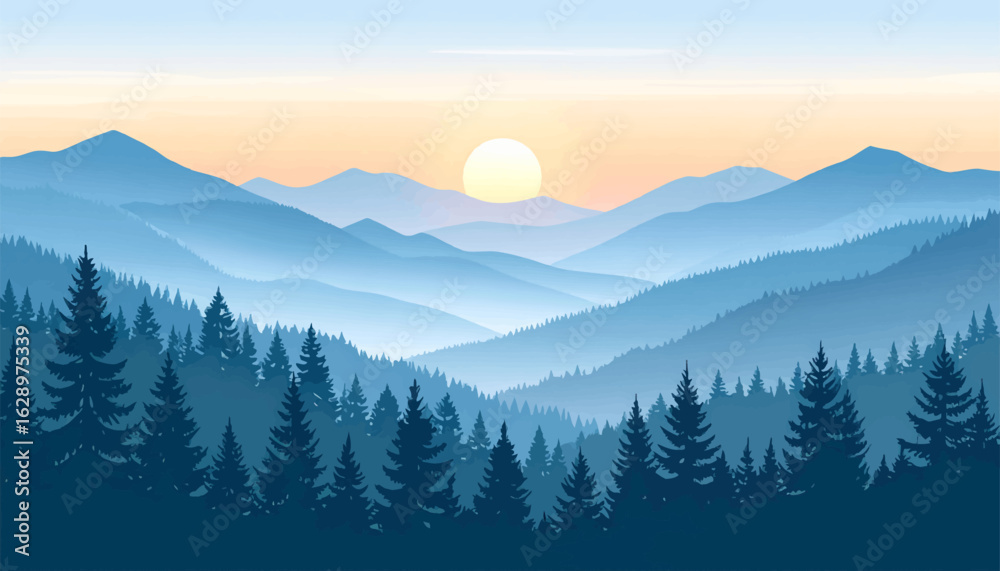 Fototapeta premium Peaceful mountain sunrise with vibrant skies. Serene forest landscape with a soft morning glow. Stunning mountain view at dawn, blue tones. Calming forest silhouette with sunrise in the distance