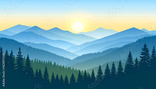 Tranquil forest scene with distant mountain view. Misty mountain morning with serene forest landscape. Calm blue-toned mountains and forest . Sunset light over hills and pine trees in forest valley