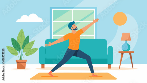 A man standing in his living room doing a series of gentle sun salutations to start his day..
