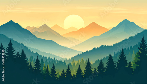 Tranquil sunset in a forested mountain valley. Stunning view of mountains and sunset glow. A serene mountain view at dusk with vibrant sky. Breathtaking mountain peaks lit by sunset glow