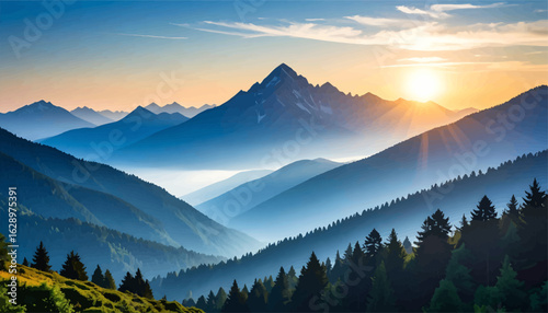 Scenic sunrise view over towering mountain peaks. Misty valley surrounded by beautiful mountain ranges. Tranquil landscape of mountains during golden hour. Serene mountain silhouette with setting sun