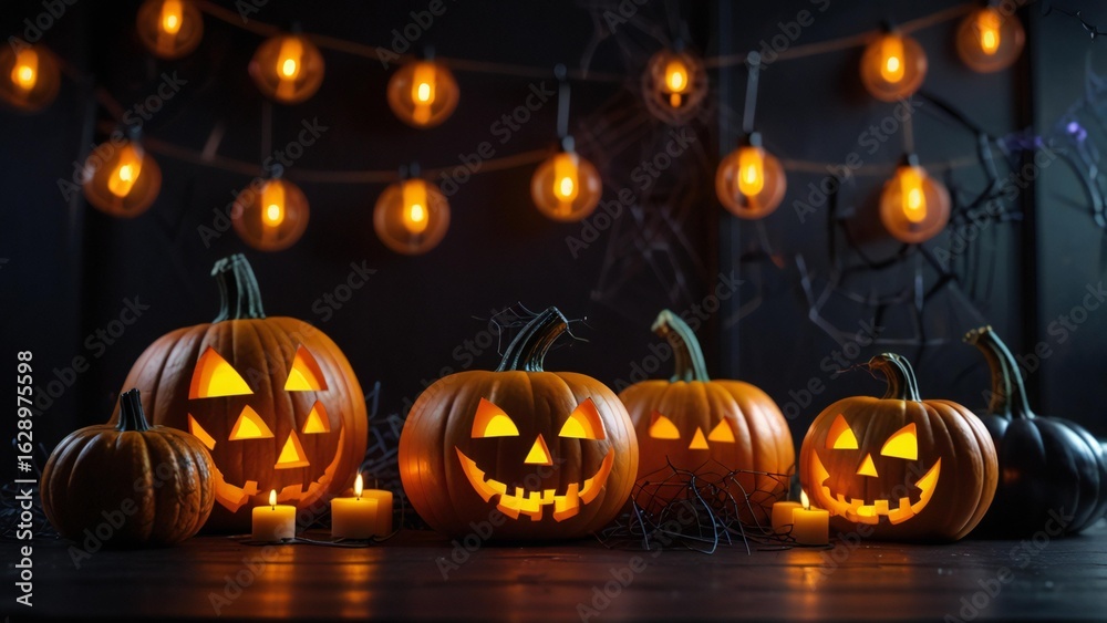 Fototapeta premium Spooky jack o lanterns glow with string lights for halloween night