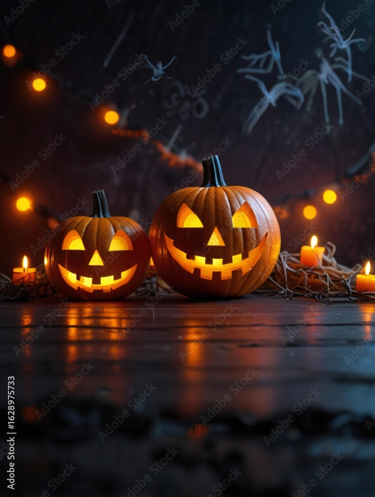 Fototapeta premium Spooky halloween night with glowing jack o lanterns and bats