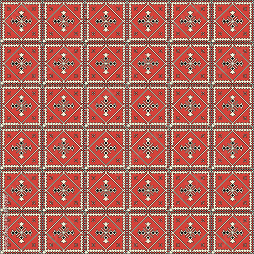 Traditional Turkish Seamless Pattern with Red Kilim Style Geometric Motifs for Ethnic Textile and Carpet Design