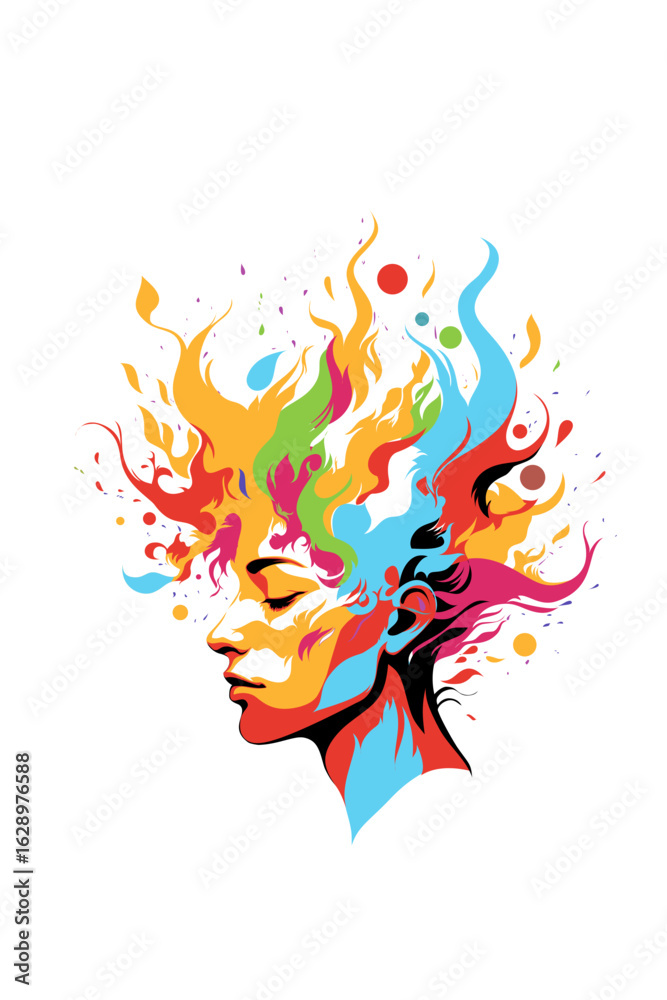 Obraz premium Freedom, Head, Face, Consciousness, Mind, Brain, Thoughts, Man, Woman, Art, Girl, Boy, Inner, Trauma, Knowledge, Head, Colorful, Vector, Artwork