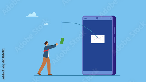 Mobile smartphone with fishing bait scam money threat. Mobile phone banking scam, fraud link to steal money, phishing bait website or online crime, thief steal money from mobile banking app.