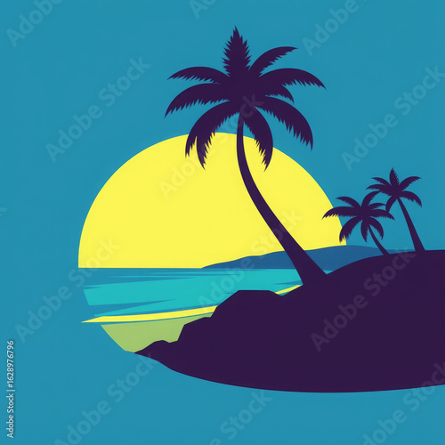 A Palm Tree Silhouette by the Sea in Bold Colors