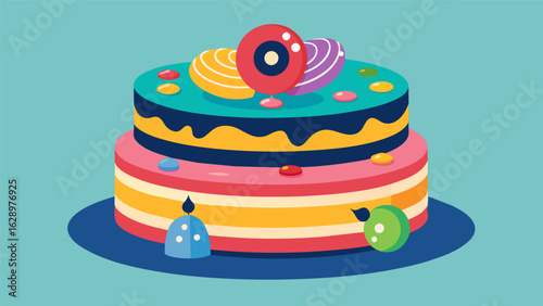 A colorful cake design featuring layers adorned with handpainted illustrations of beloved childhood songs on vinyl records. Vector illustration