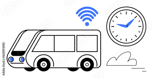 Smart bus with wireless signal, clock for on-time service, and environmental elements. Ideal for transportation, smart city, public transit, technology integration, mobility services, punctuality