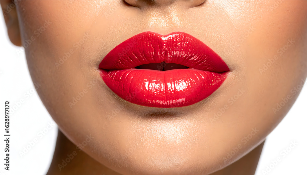 Obraz premium Close-up of luscious red lips with glossy lipstick on fair skin against a white background