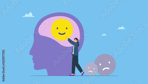 Businesswoman change their attitude from negative to positive. Changing mind thoughts and switch sides for opinion concept, perception or thought, stressed management or mental health awareness.