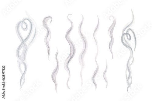 Rising swirls of steam, heart-shaped smoke isolated on white. Hand drawn watercolor illustration. Abstract steam streams for design, for cafe menu and interior design, tobacco and incense smoke