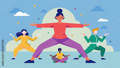 A class that incorporates elements of tai chi and gymnastics emphasizing deep breathing and flowing movements for a soothing and rejuvenating. Vector illustration