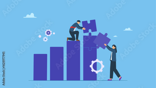 Business people colleagues build target sales with jigsaw puzzle. Teamwork working together to success, cooperation or team building collaborate to solve problem, partnership, help and support.