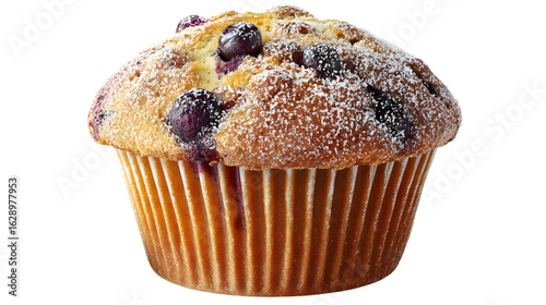 A blueberry muffin with powdered sugar on a transparent background