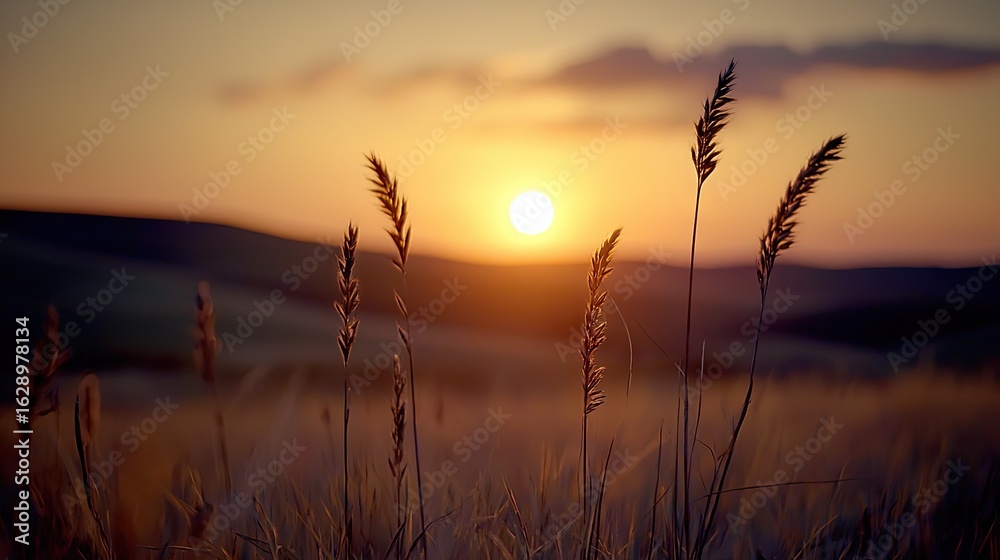 Obraz premium Golden sunset over a field of tall grasses.